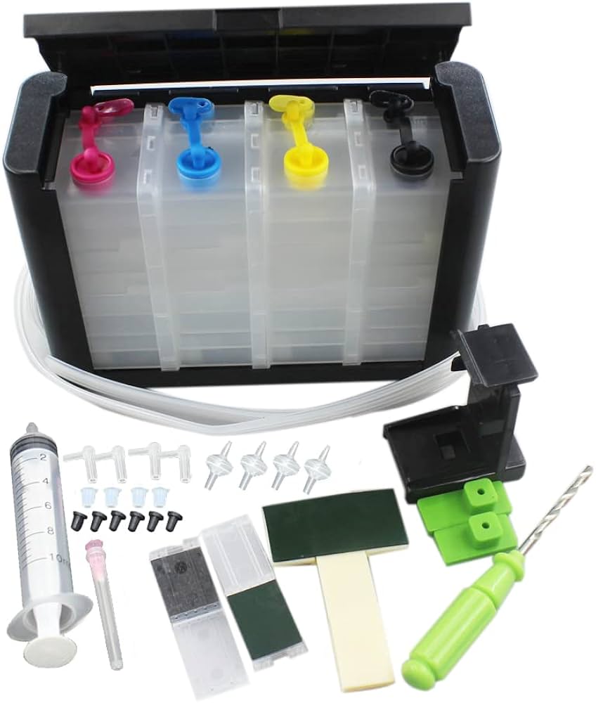 Ikony liści recyklingu wirują wokół ekologicznej drukarki z CISS