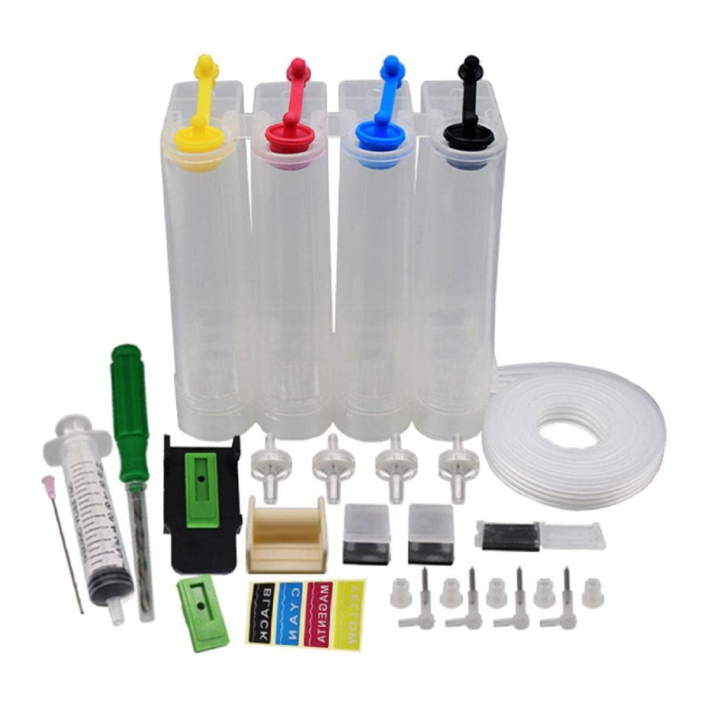 Grafika porównuje mały kartridż z dużym zbiornikiem stałego tuszu obok siebie