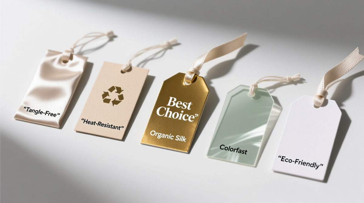 Kobieta trzymająca sukienkę z widoczną metką eko z recyklowanego poliestru