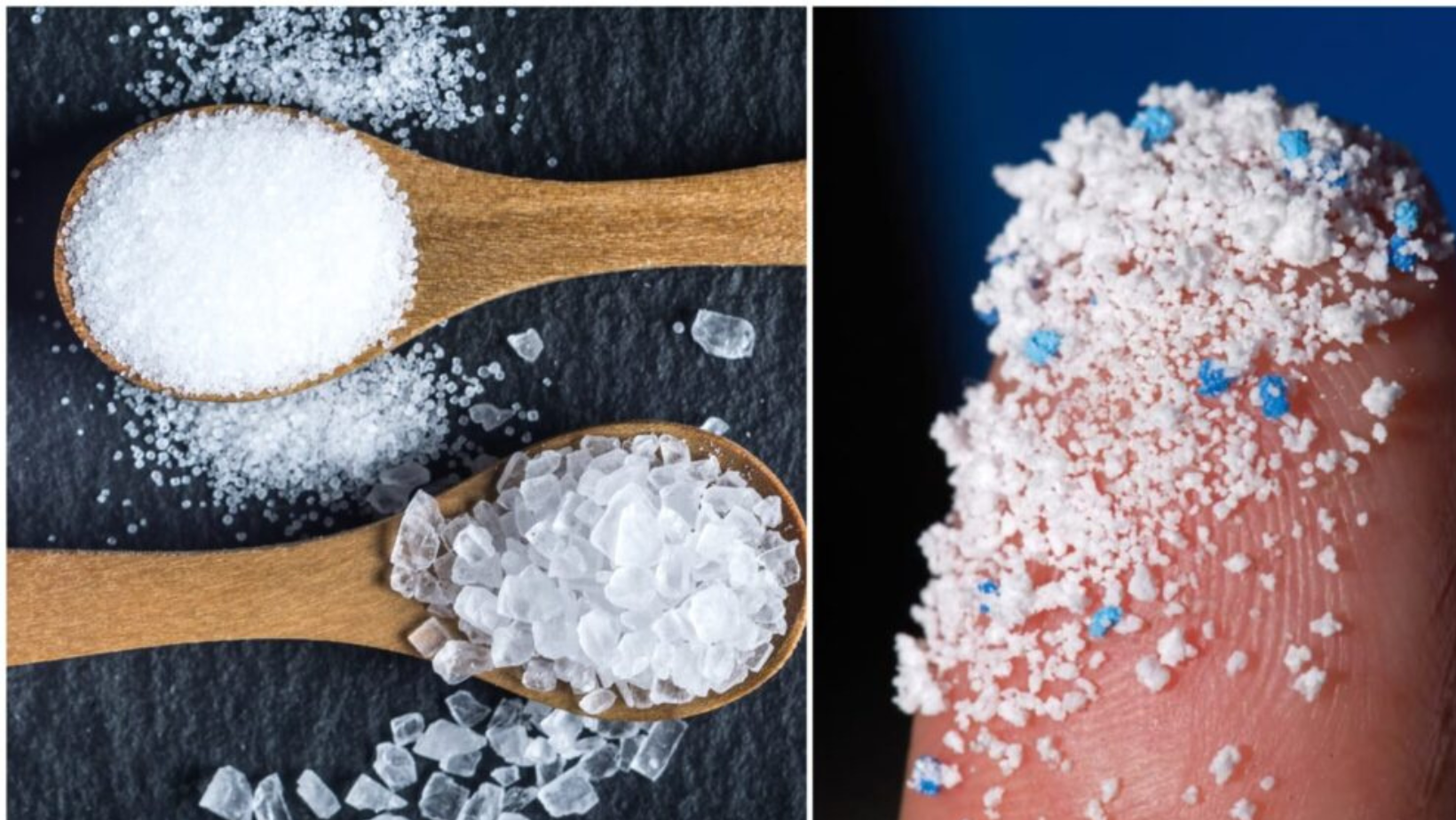 kryształy soli morskiej z widocznymi zanieczyszczeniami plastikowymi pod lupą